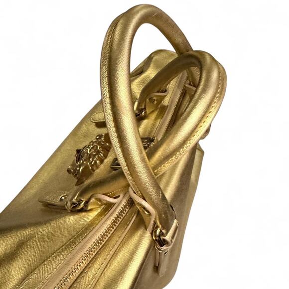 VTG Gianni Versace Gold Metallic Leather Large Medusa Satchel Two Way Bag Glam - Picture 6 of 8